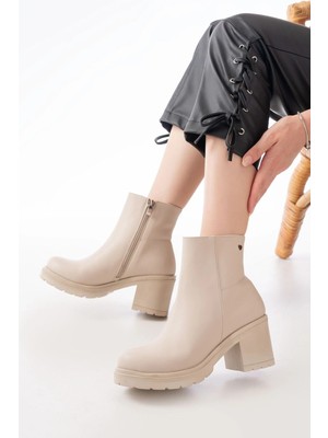767-3020 Bej Fermuarlı Kalın Topuklu Günlük Kadın Bot