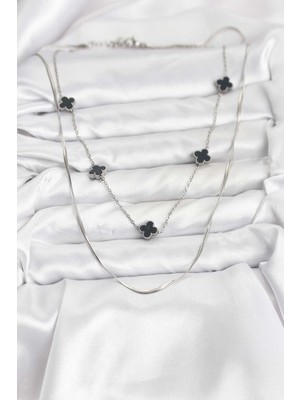 Aesco 316L Çelik Zincir Gümüş Renk Italyan Zincirli Siyah Yonca Model Kadın Kolye - Lisinya