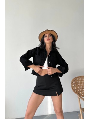 Aesco Çift Cepli Kol Katlamalı Süper Taş Enzim Yılı Crop Kot Ceket Siyah