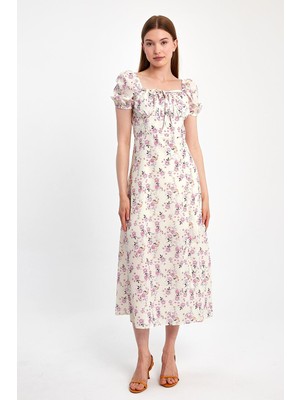 İhraç Pazarı Kadın Çiçek Desenli Yaka Bağcıklı Uzun Elbise Viskon Midi Yazlık Elbise