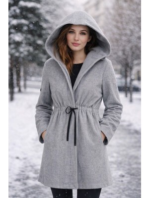 İnce Moda Giyim Zarif & Modern Kadın Kaşe Kaban (Kemerli / Kapüşonlu Model)