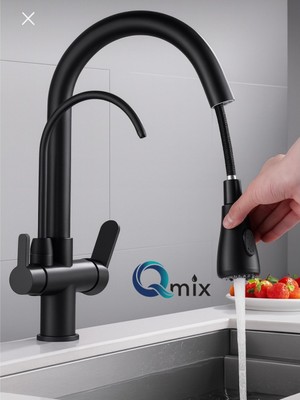 Qmix Siyah Lüx Model Arıtmalı Spiralli Mutfak Eviye Bataryası Pirinç Gövde