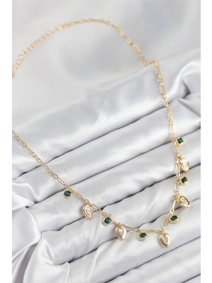 Aesco Pirinç Zirkon Taşlı Sallantılı Damla Model Gold Renk Kadın Kolye - Lisinya