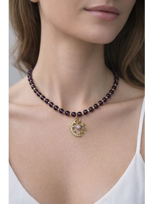 Mor Kuvars Taşı Güneş Kolye, Altın Kaplama Doğal Taş Kolye