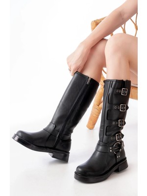 02-346 Siyah Düz Topuklu Günlük Bayan Binici Çizme