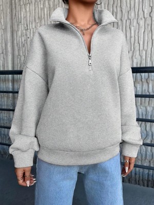 Aesco 3 Iplik Şardonlu Yarım Fermuarlı Sweatshirt Gri