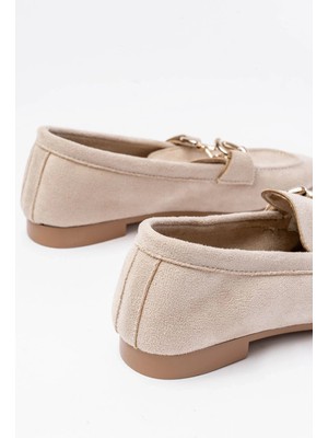 303 Bej Süet Toka Aksesuarlı Günlük Kadın Babet