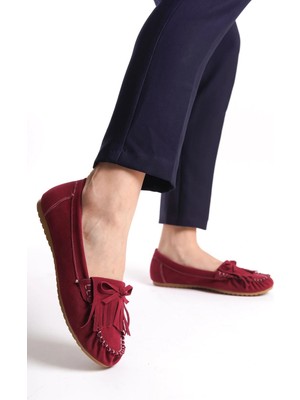 PS-100 Bordo Süet Püsküllü Günlük Kadın Babet