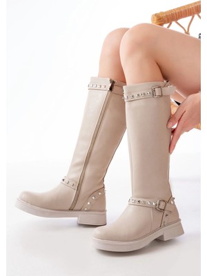 02-307 Bej Düz Topuklu Günlük Bayan Binici Çizme