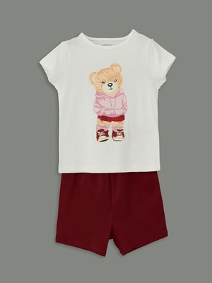 Lc Waikiki Yeni Sezon Ayı Teddy Baskılı Kız Bebek Tişört ve Şort 2'li