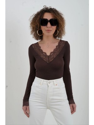 Zelish My Sister Kahve Dantelli Kaşmir Bluz