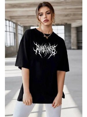 Giyim Center Kadın Bisiklet Yaka Baskılı Oversize T-Shirt - Siyah
