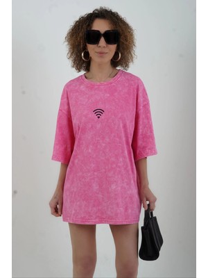 Zelish My Sister Pembe Wifi Baskılı Soluk Efektli Oversize Tshirt
