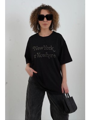 Zelish My Sister Siyah New York Metal Taşlı Oversize Tshirt