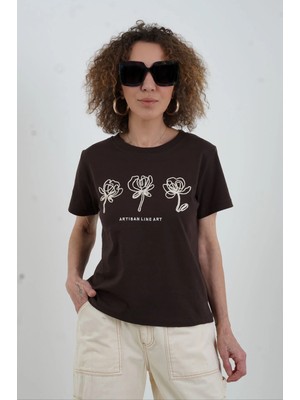 Zelish My Sister Kahve Artisan Nakışlı Tshirt