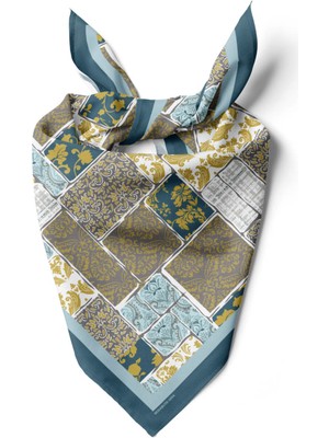 D55 Kadın Hardal Açık Mavi Field Desenli 50X50 Bandana