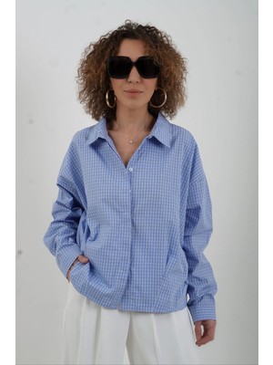 Zelish My Sister Mavi Kareli Oversize Kısa Gömlek