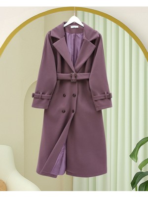 Modamorfo Önü Düğmeli Beli ve Kolu Kemerli Cepli Astarlı Kaşe Kap  -Vişne