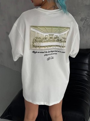 Giyim Center Kadın Baskılı Oversize T-Shirt - Beyaz