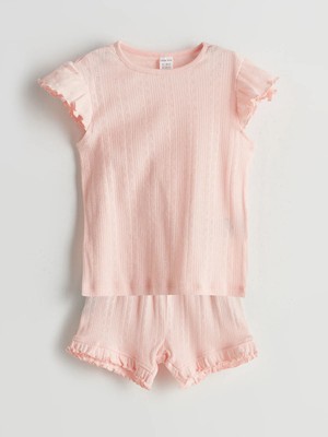 Lc Waikiki Kız Bebek Şortlu Pijama Takımı Pembe Bisiklet Yaka Düz Desenli İnce Pamuklu