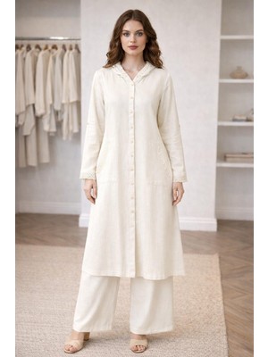 Kapüşonlu Dantel Detaylı Ham Keten Tesettür Takım – Krem Renk Tunik Pantolon