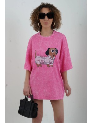 Zelish My Sister Pembe Mini Dog Baskılı Soluk Efektli Oversize Tshirt