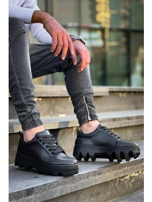 KB-056 Kuback Siyah Cilt Siyah Yüksek Taban Günlük Spor Ayakkabı