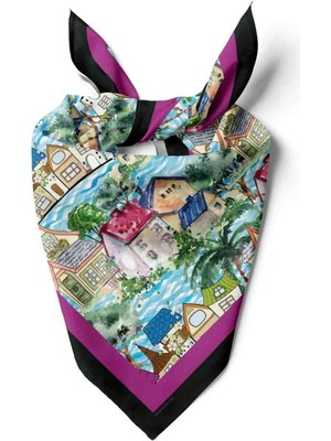 D61 Kadın Mor Açık Mavi Casa Desenli 50X50 Bandana Hyl DG01150-22