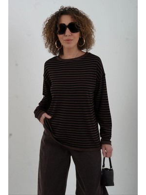 Zelish My Sister Kahve Siyah Bisiklet Yaka Ince Çizgili Kazak