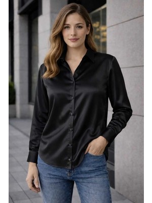 İnce Moda Giyim Klasik Kesim Saten Dokulu Kadın Gömlek (Beyaz & Siyah)