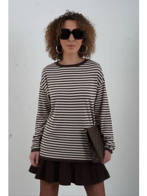 Zelish My Sister Kahve Bej Bisiklet Yaka Ince Çizgili Kazak