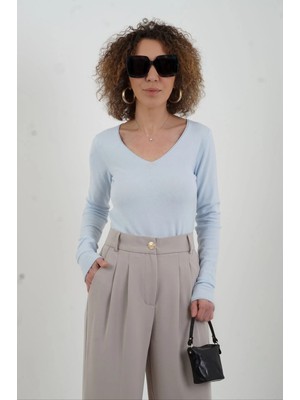 Zelish My Sister Açık Mavi V Yaka Kaşmirli Triko Kazak