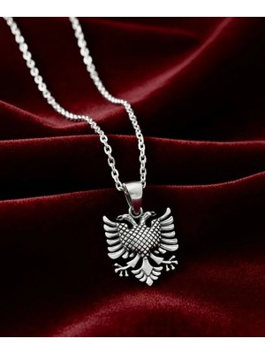 Alaja Silver Silvari Silver Çift Başlı Kartal Arnavutluk Sembolü Parlak 925 Ayar Gümüş Kolye