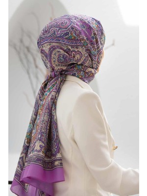 Vissona %100 Ipek Etro Desenli Fuşya Renkli 92X210 Şal