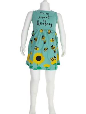 Akku Yeşil Arı & Ayçiçeği Desenli Kız Çocuk Elbise