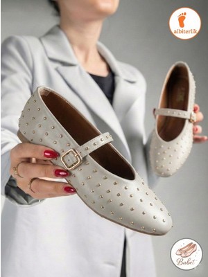 Albishoes Kadın Babet Taş Detaylı Tokalı Mary Jane Anatomik Rahat Taban Günlük Şık Kadın Babet