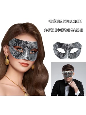 İlkyaz Fashion Gümüş Eskitme Yüz Maskesi - Antik Tarz Balo Maskesi (4887)