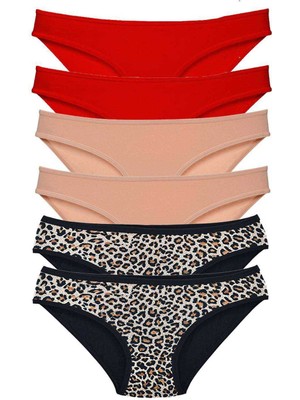 İsmiyle Al 6 Adet Likralı Kadın Slip Külot Leopar Kırmızı Ten