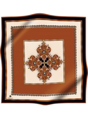 Vissona % 57 Ipek % 43 Viskon Twill Ipek Barok Desenli Taba - Siyah Renkli 90X90 Eşarp Dikim Şekli : El Dikişi
