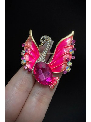 Jaida Moda Kadın Pembe Kugu Figürlü Zirkon Taşlı Vip Broş