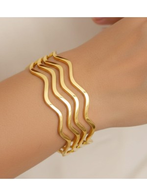Bontexs Kadın 22 Ayar Altın Kaplama 4’lü Zikzak Dalga Model Bilezik Seti Modern Dalga Tasarımlı 4’lü Zikzak Bilezik Seti