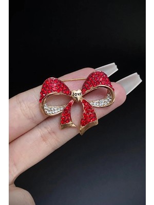 Jaida Moda Kadın Kırmızı Taşlı Kurdele Figürlü Vip Seri Broş