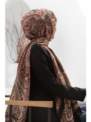 Vissona %100 Ipek Etro Desenli Siyah - Bordo Renkli 92X210 Şal