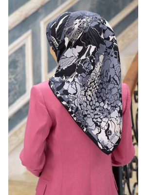 Vissona %100 Twill Ipek Yaprak Desenli Gri - Siyah Renkli 90X90 Eşarp Dikim Şekli : El Dikişi