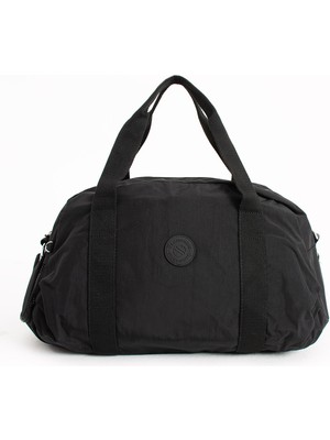 Sanmorris Unısex Büyük Boy Siyah Renkli Krinkıl Kumaş Ayakkabı Bölümlü Çapraz Askılı Spor ve Seyahat Çantası