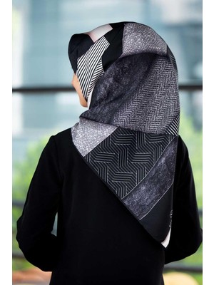 Vissona %100 Twill Ipek Dokulu ve Geometrik Desenli Siyah - Kremi Renkli 90X90 Eşarp Dikim Şekli : El Dikişi