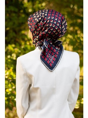 Vissona %100 Twill Ipek Geometrik Desenli Lacivert - Kırmızı Renkli 90X90 Eşarp Dikim Şekli : El Dikişi