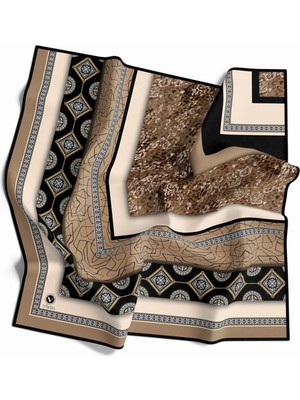 Violla Twill Leopar ve Barok Desenli Bej Renkli 90X90 Eşarp (Ipek Içermez) Dikim Şekli : El Dikişi