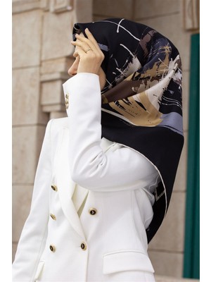 Vissona %57 Ipek %43 Viskon Twill Ipek Geometrik Desenli Bej - Gri Renkli 90X90 Eşarp Dikim Şekli : El Dikişi