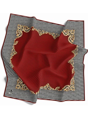 Violla Soft Bordürlü Barok Çerçeveli Kazayağı Desenli Siyah - Bordo Renkli 90X90 Eşarp (Ipek Içermez) Kenar Dikiş Şekli El Dikişli